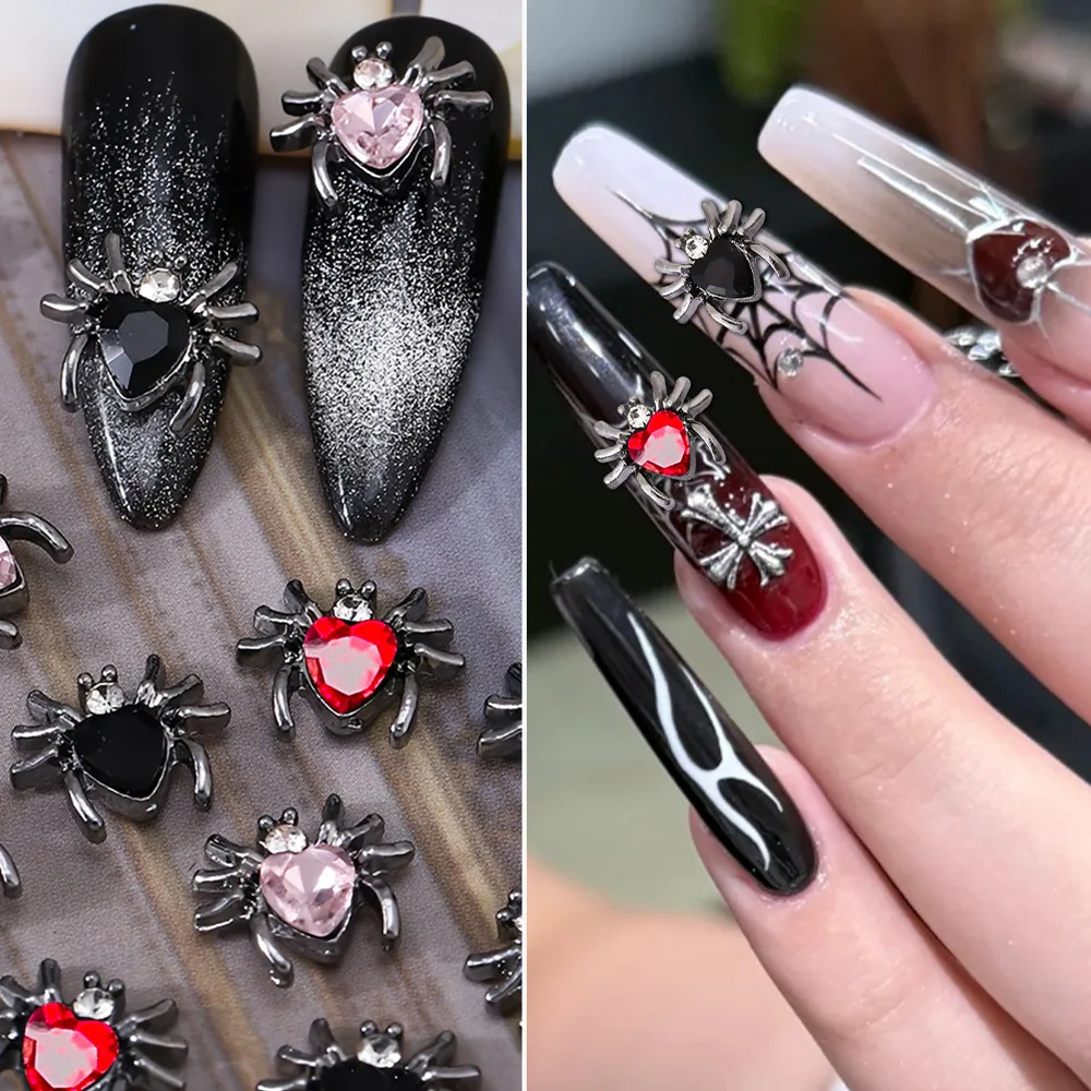 New Halloween Heart-Shaped Spider Hot-Selling Dark Style Series Rhinestone-Encrusted Small Spider Alloy Rhinestone Nail Art Accessories