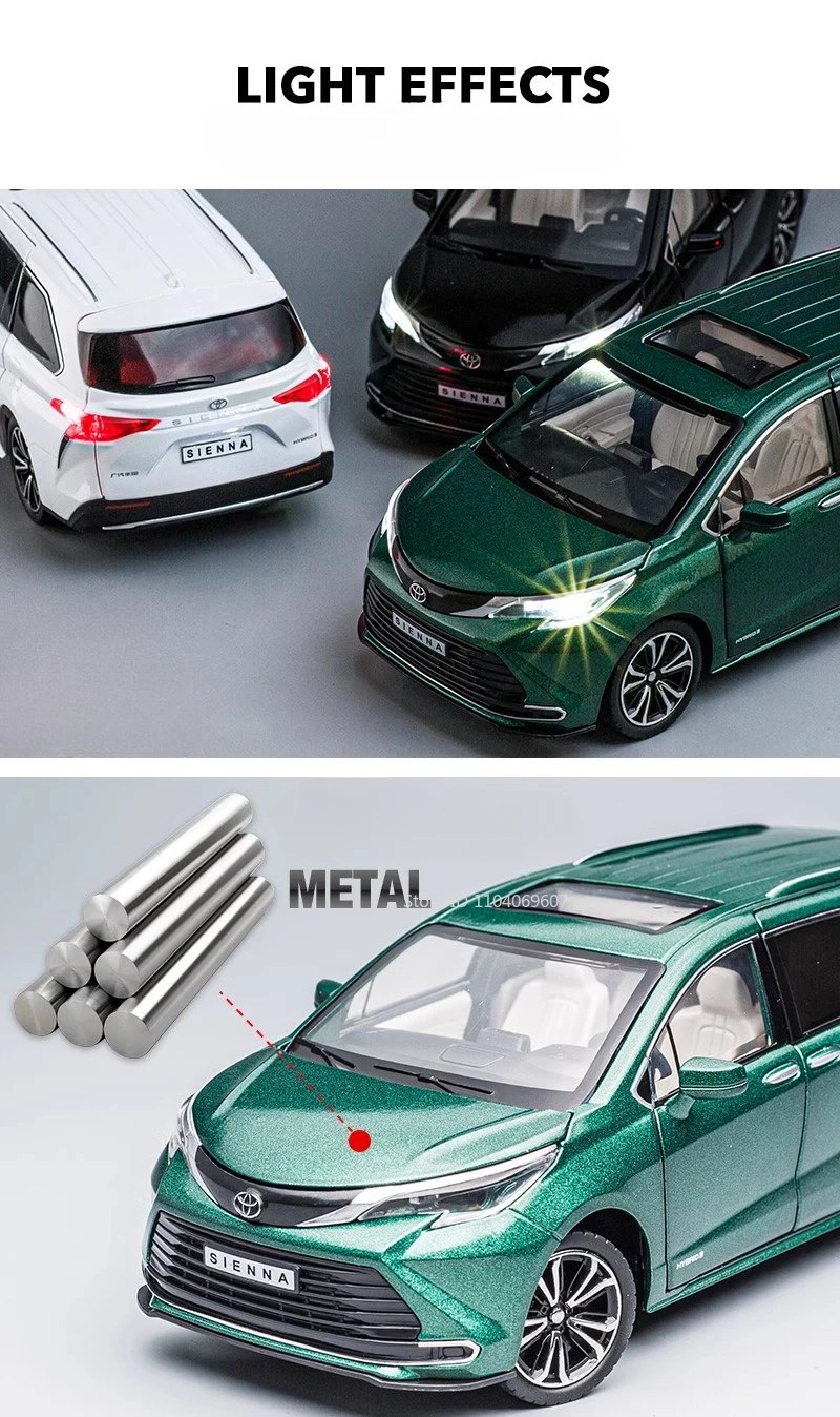 SIENNA MPV Van-Spielzeugautomodell im Maßstab 1:24, Druckguss-Miniatur, zurückziehbare Ton- und Lichttüren, zu öffnende Sammlung, Geschenke für Jungen und Kinder – Detail 3