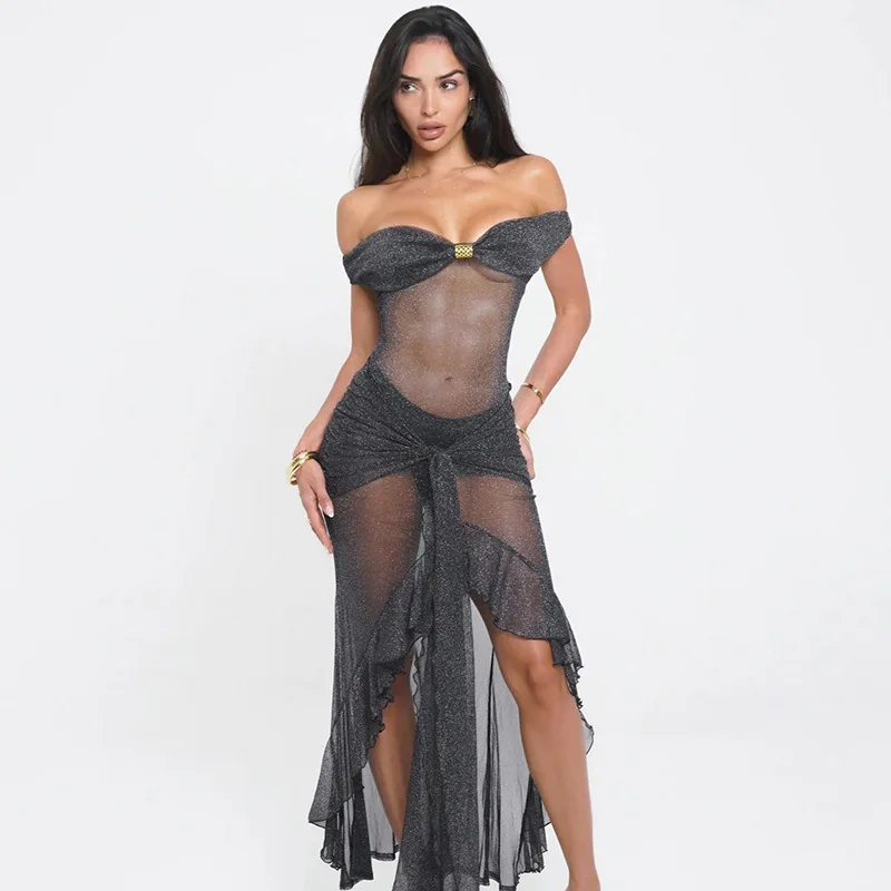 Sexy Off The Shoulder Mesh Splicing See Through Irregular Dress Strapless Backless Bodycon Chic Party Club Evening Gown 2026 New