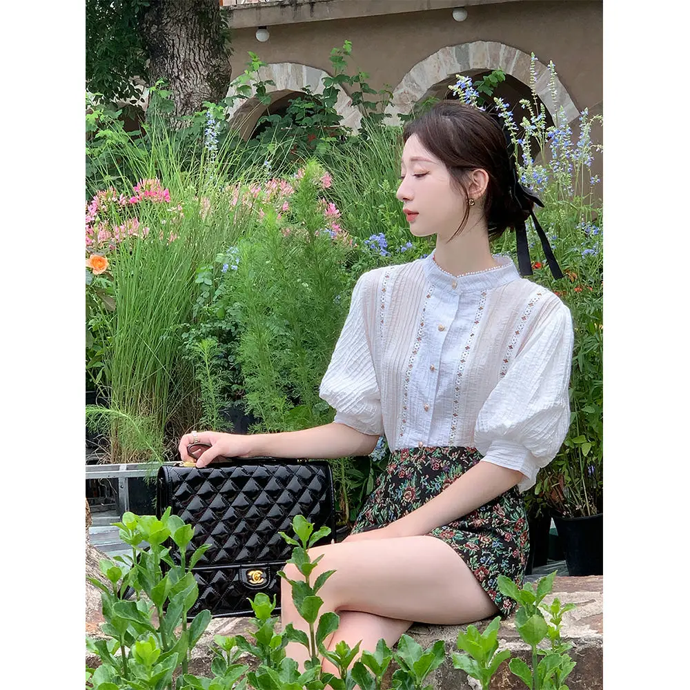 Woman's Clothing Summer Thin Hollow Out Mori Girl Style Sweet Elegant Niche Chic Puff Sleeve Shirt French Romantic Fashion Dream