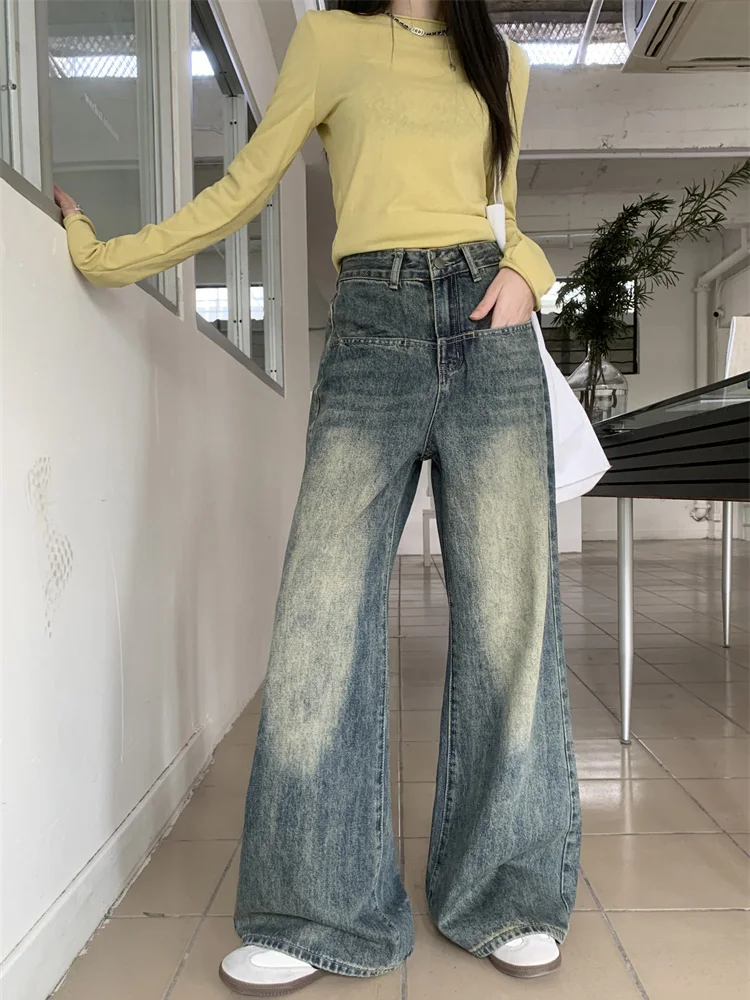 

Slergiri Women's Y2k Vintage Baggy Jeans American High Street Loose Washed Do Old High-waisted Straight Wide Leg Pants New 2024