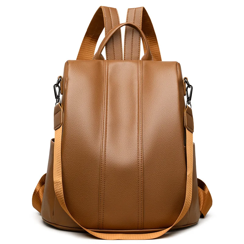 

Street new fashion soft leather shoulder bag female anti-theft travel Joker fashion black large-capacity ladies backpack.