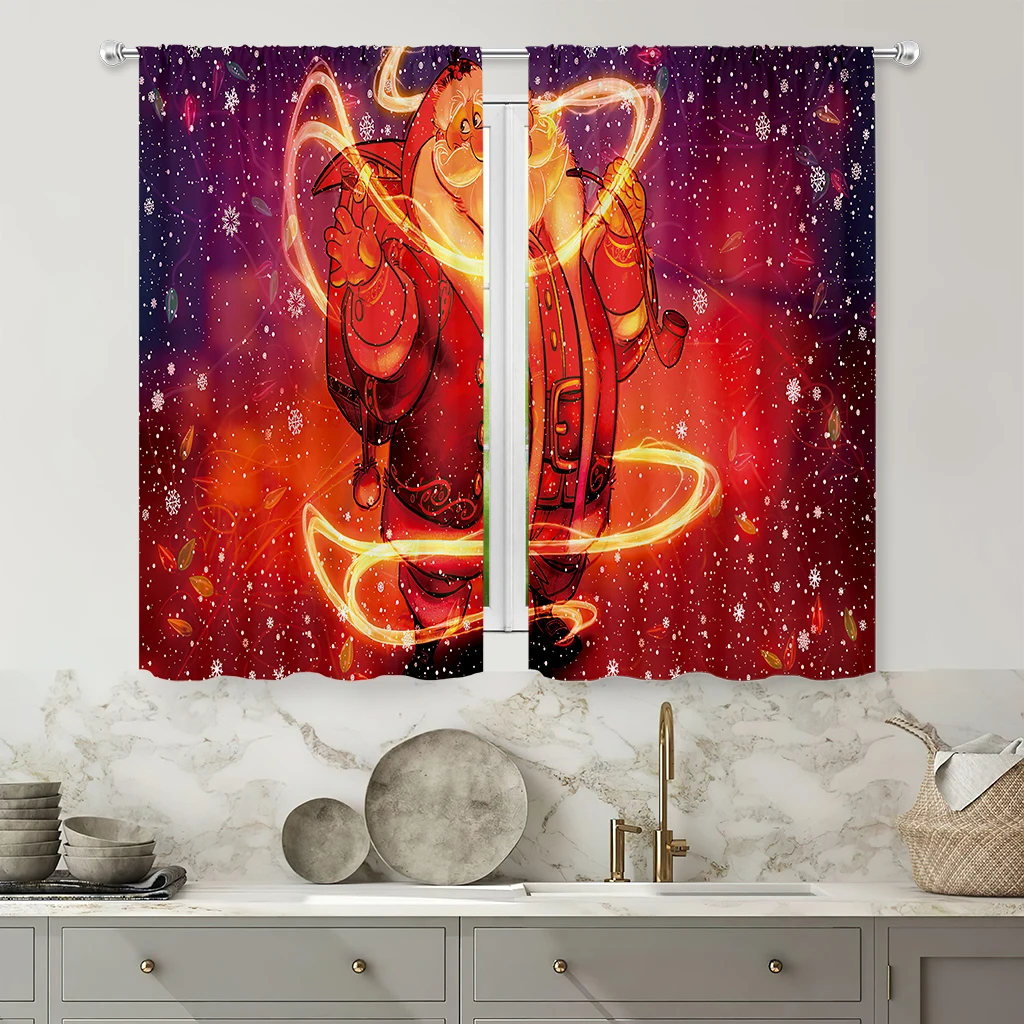 2 Pieces Curtains With A Cartoon Santa Claus Print—A New Year's Gift For Children And Festive Decor For Dining Room Parties.