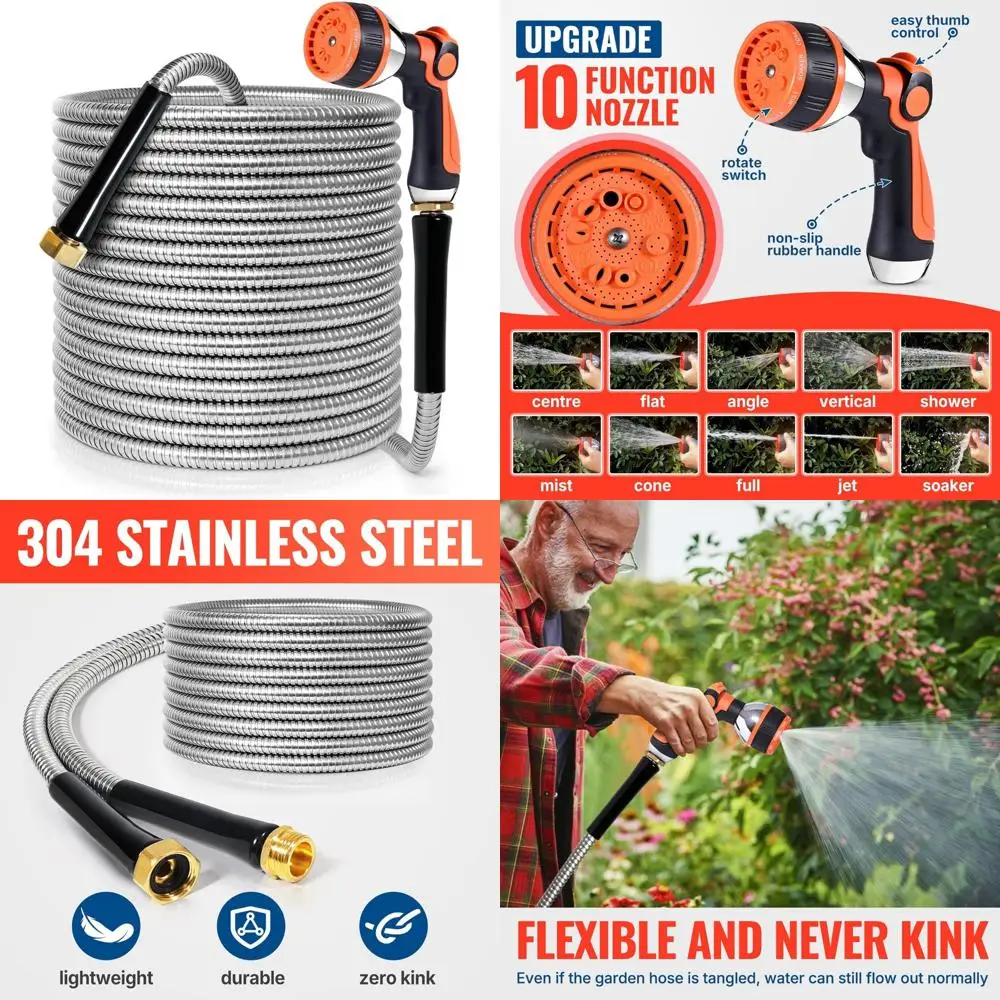 

YAMATIC 100FT Stainless Steel Garden Hose with 10 Pattern Spray Nozzle, Heavy Duty Metal Water Hose, Kink-Free, Rust Resistant H