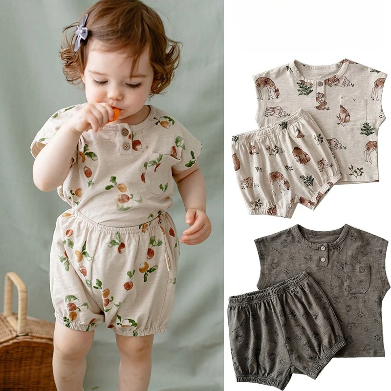 

2025 children's set summer pure cotton children's sleeveless vest fruit floral set baby two-piece set