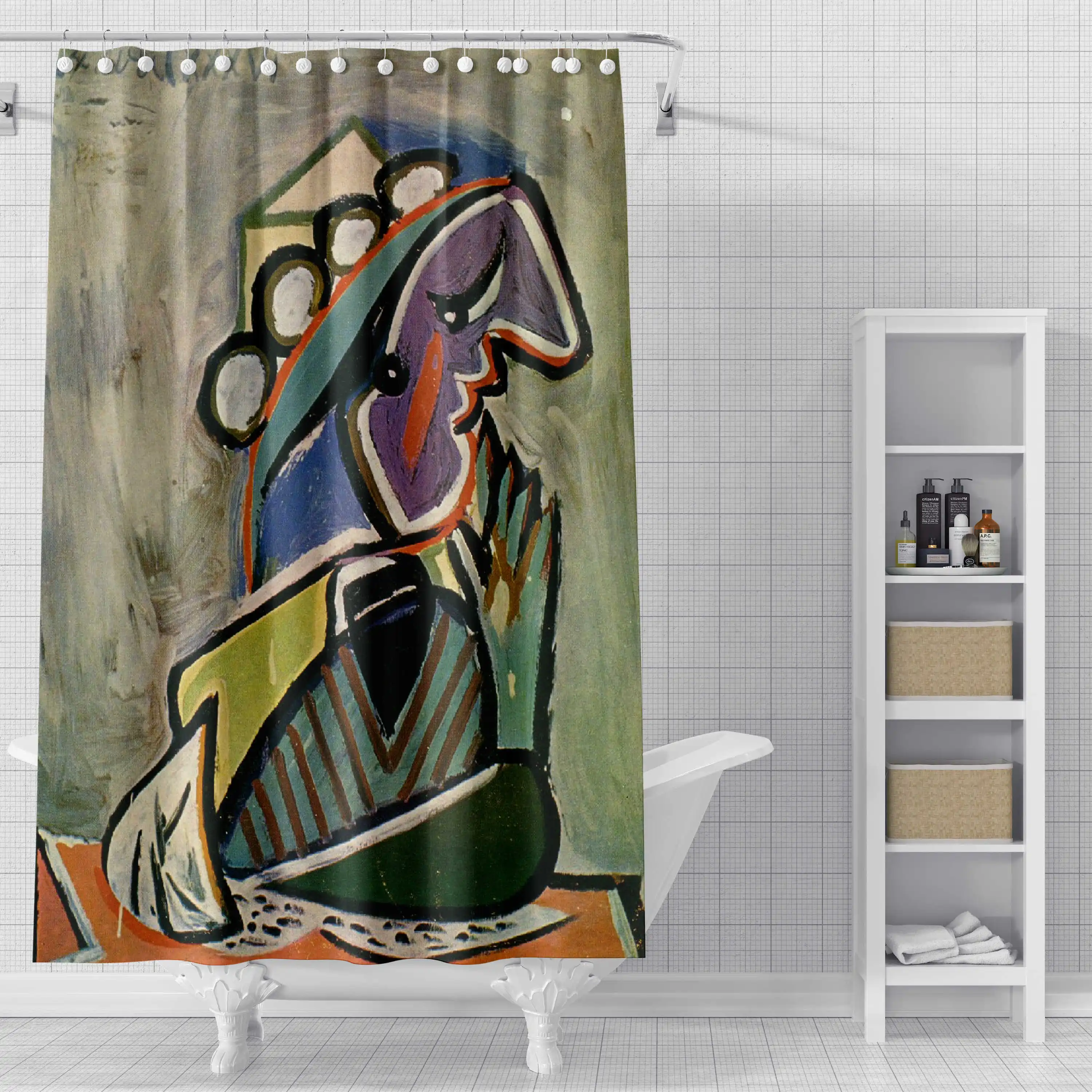 Abstract Shower Curtain Inspired By Picasso Waterproof and Mildew Proof with Non Perforated Design