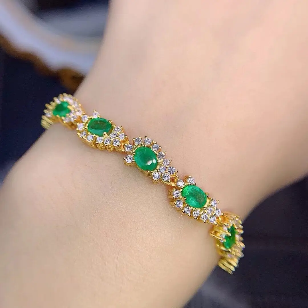 Fashion Sterling Silver Chain Bracelet 4mm*5mm Natural Emerald Bracelet with 3 Layers Gold Plating Woman Birthday Gift