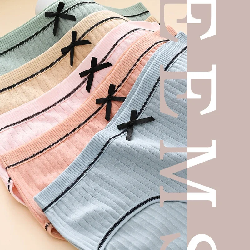 8pcs Girl Sexy Solid Color Underwear Student Cute Mid-Rise Waist Briefs Breathable Soft Female Lingerie Bow Decoration