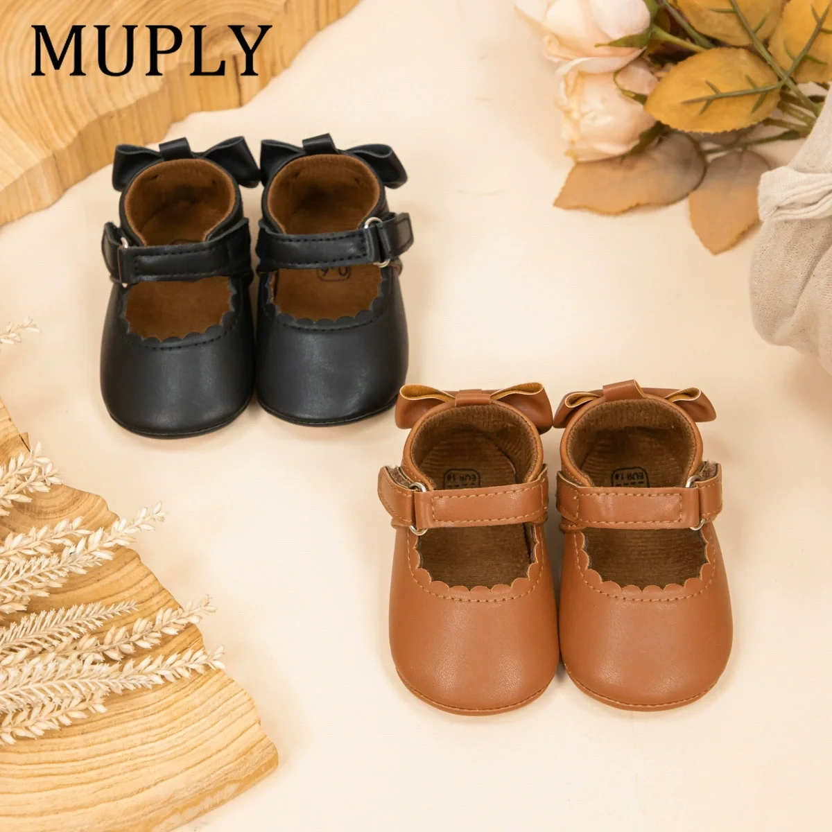 

Cute Baby Casual Shoes First Walkers Baby Girl Princess Bow Decoration Rubber Sole Anti-slip Toddler PU Flat Shoes 0-18M