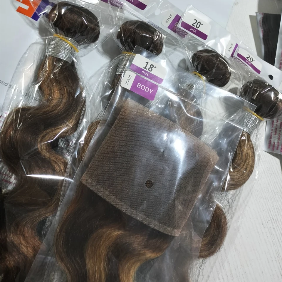 

#P4/27 Highligh Body Wave Human Hair 3/4 Bundles With Closure 4x4 HD Transparent Lace Frontal Closure And 3/4 Bundles Ombre Honey Brown Body Wave Bundles 100% Unprocessed Brazilian Human Hair Bundles Double Weft Virgin Raw Human Hair Extensions
