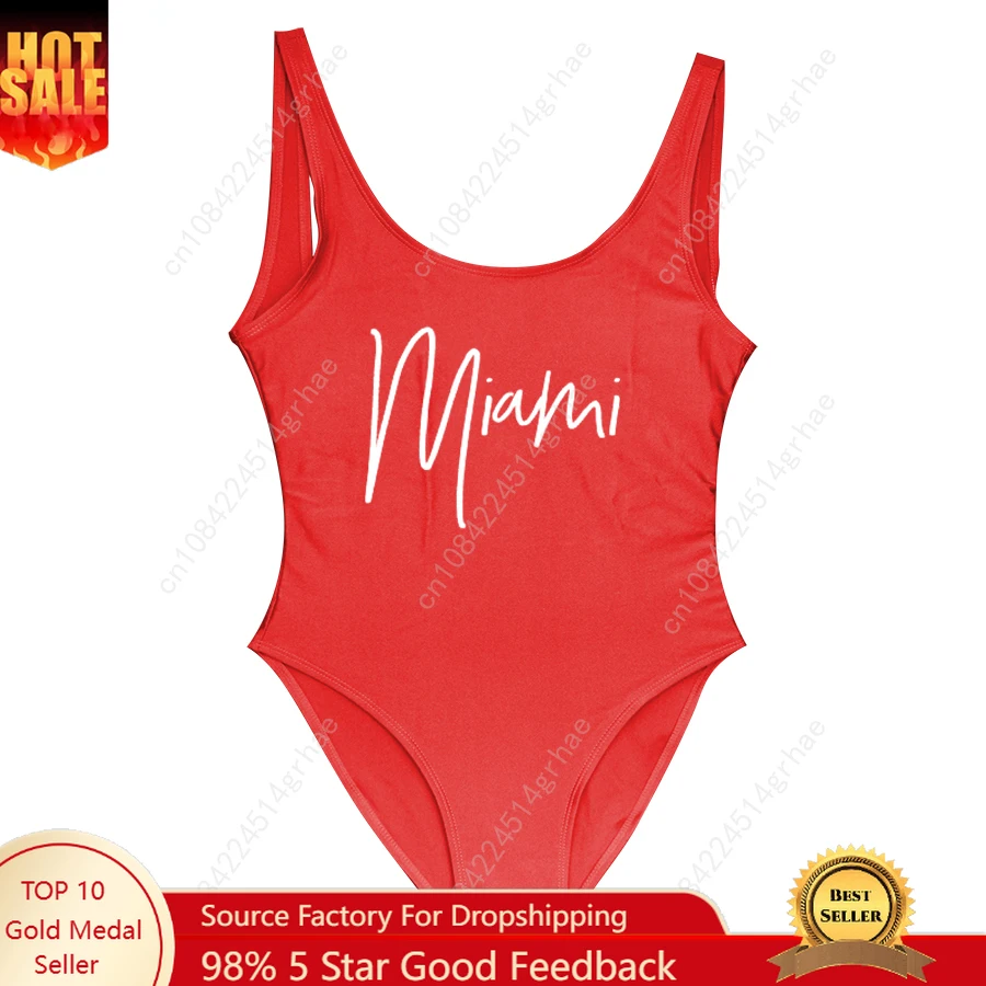 

S-3XL MIAMI Letter Women Swimwear One-Piece Swimsuit Bodysuit Sexy Swimwear Solid Plus Size Bathing Suit Wear