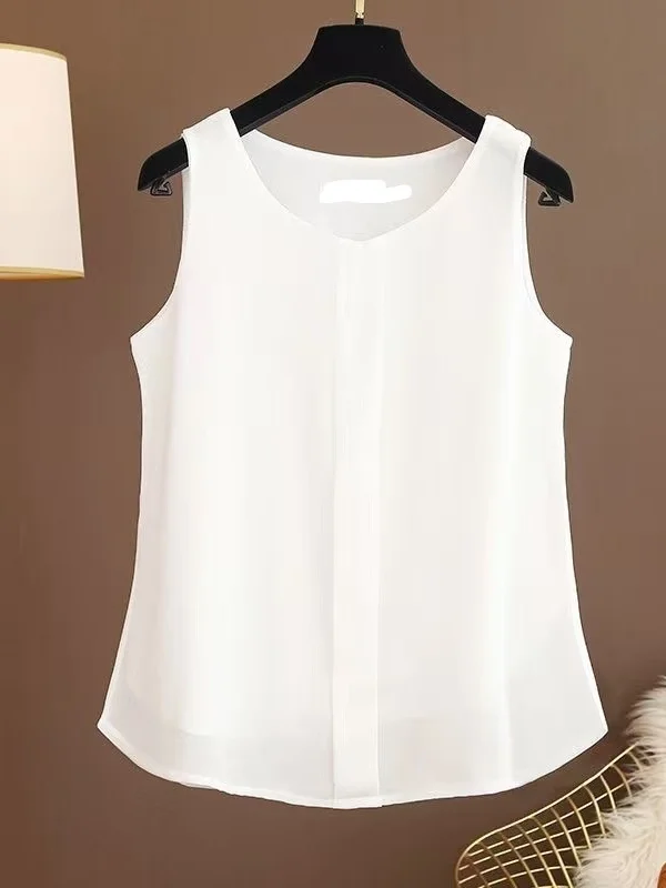 Loose Women's round Neck Double Layer Sleeveless Top Summer Outerwear Vest Transparent Chiffon Slimming plus Size Cover Belly