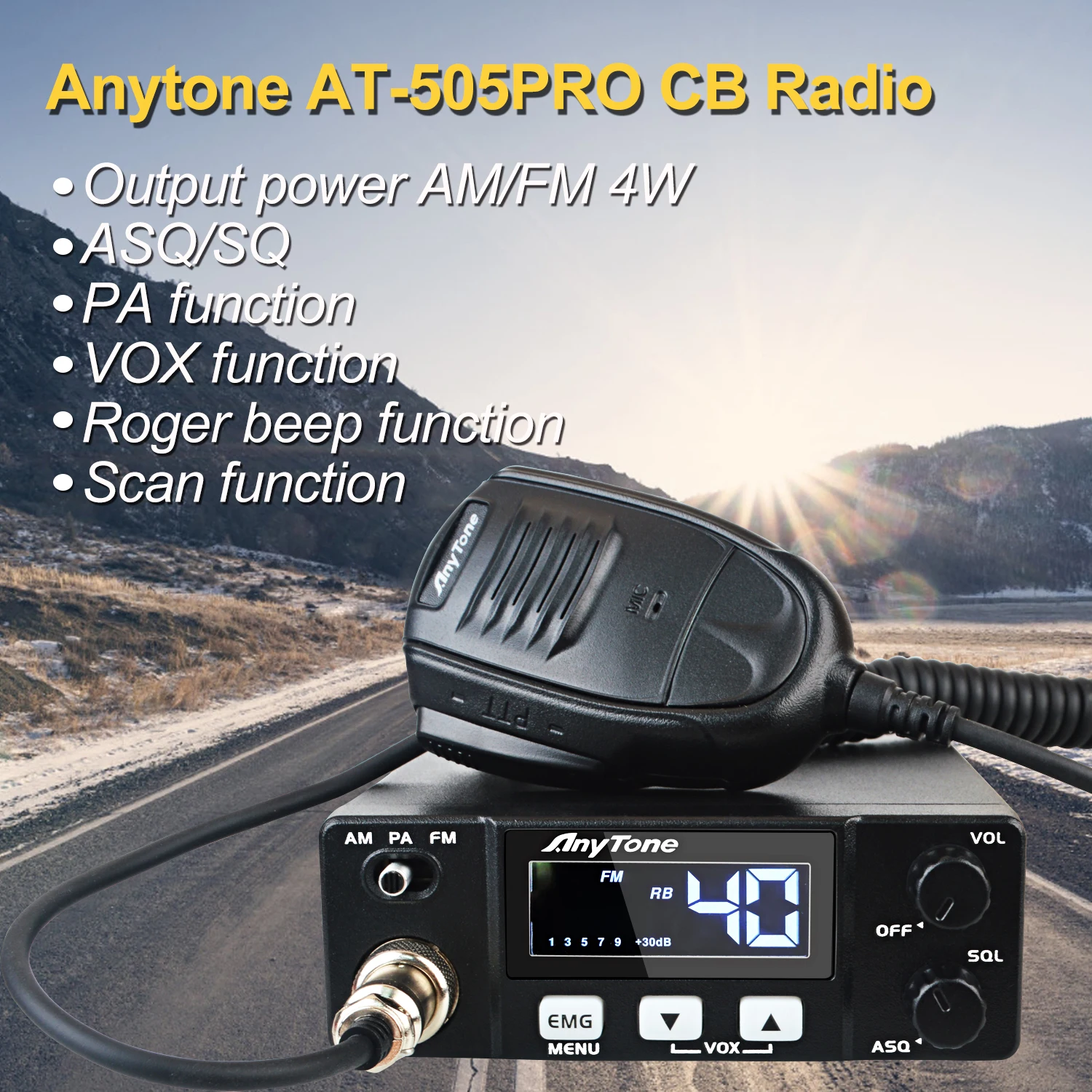 Anytone AT-505PRO Mini CB Radio móvil 26.965-27.405MHz FM AM Modulación PA VOX Scan ASQ SQ Walkie Talkie Edición UE Entrada de 12V