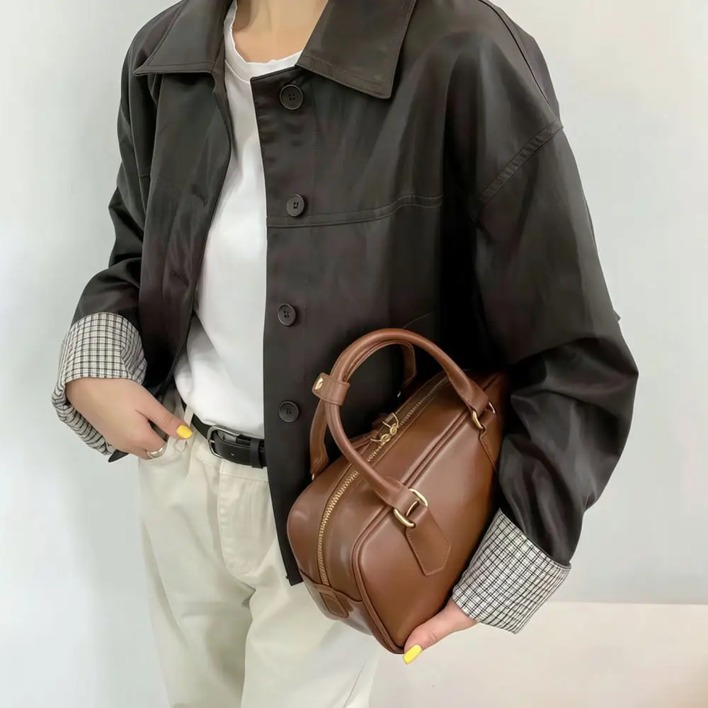 Casual Korean Style Women PU Leather Jacket Autumn Loose Fit Coat Commuter Solid Color Long Sleeve Fashion Soft Outwear