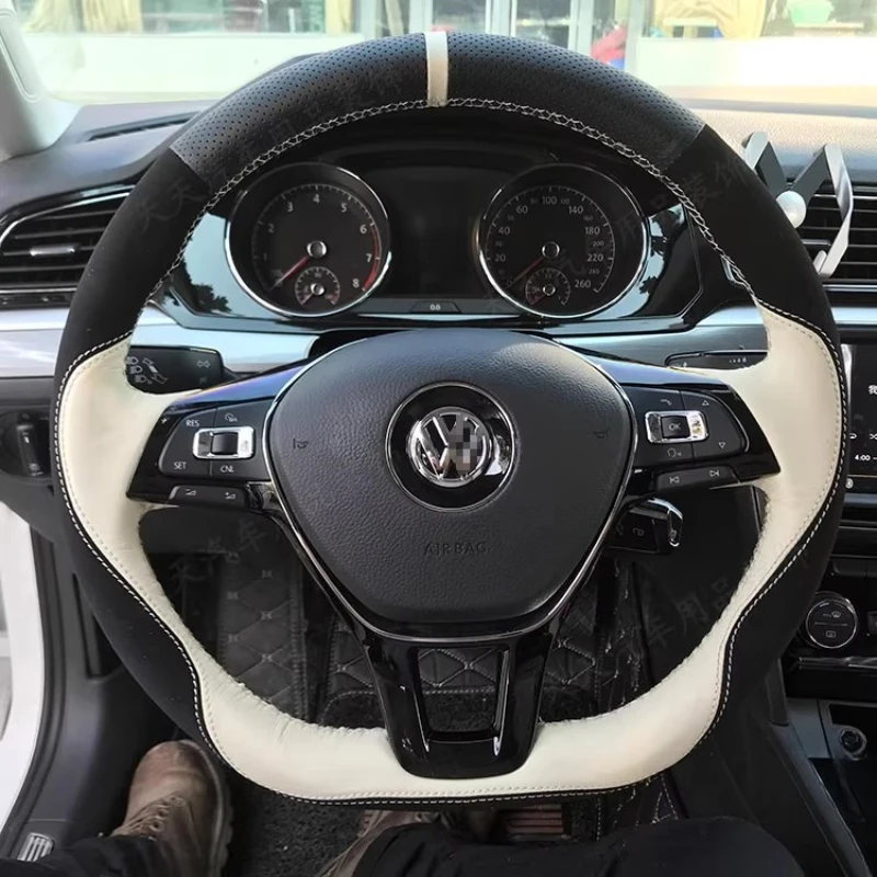 

100% для Volkswagen VW Golf 7 Polo 5 Arteon Passat Tiguan 2013-2021, прошитый вручную замшевый чехол на руль автомобиля из натуральной кожи