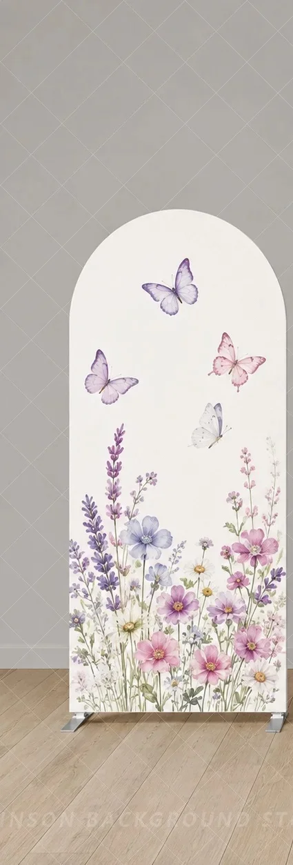 Purple Wildflower Arch Backdrop Cover Lavender Daisy Butterfly Floral flower Three Panel Spring Garden Background