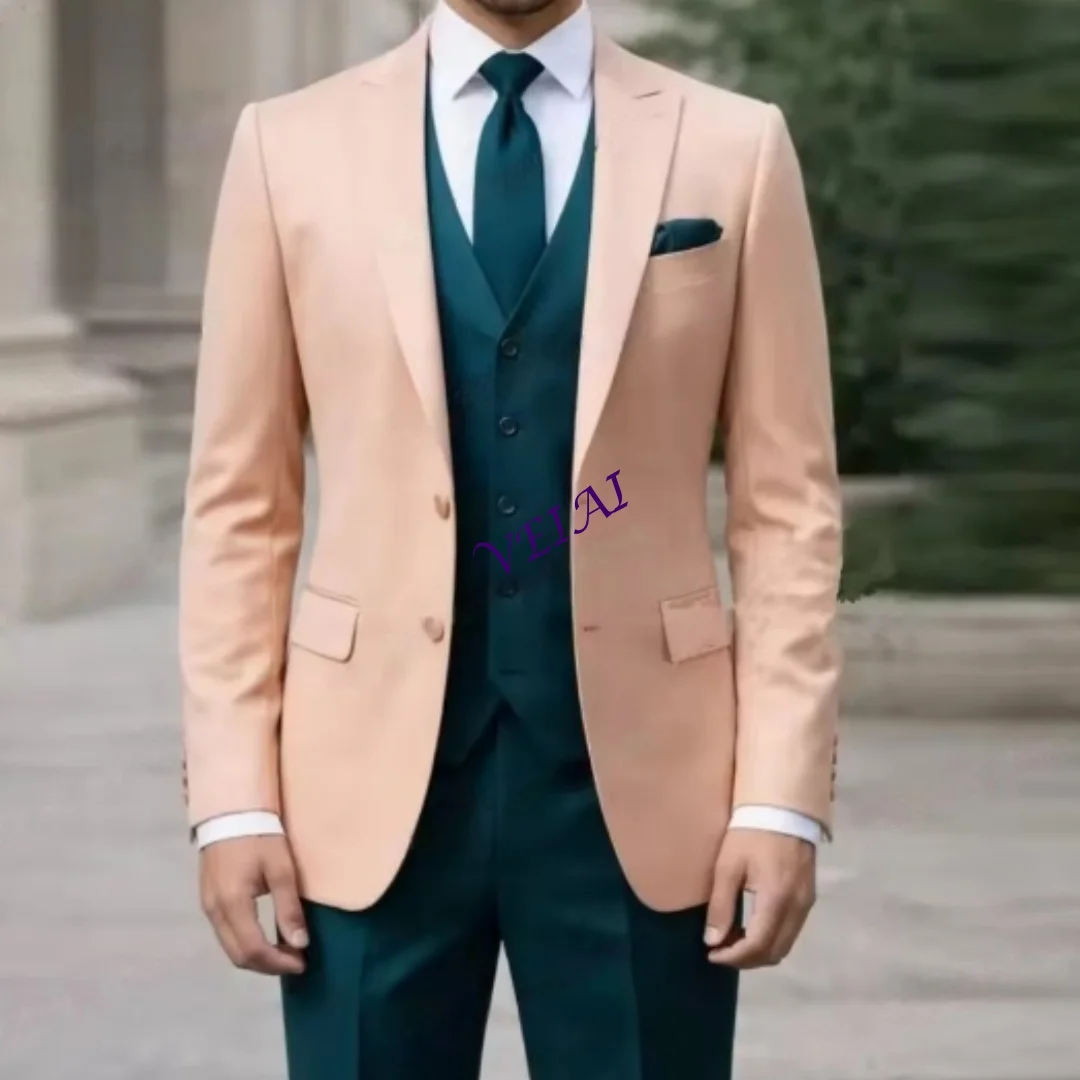 

Orange And Blue Men Suit Wedding Party Formal Groom Groomsman Prom Business Male Tuxedos 3 Piece Set Jacket Vest Pants