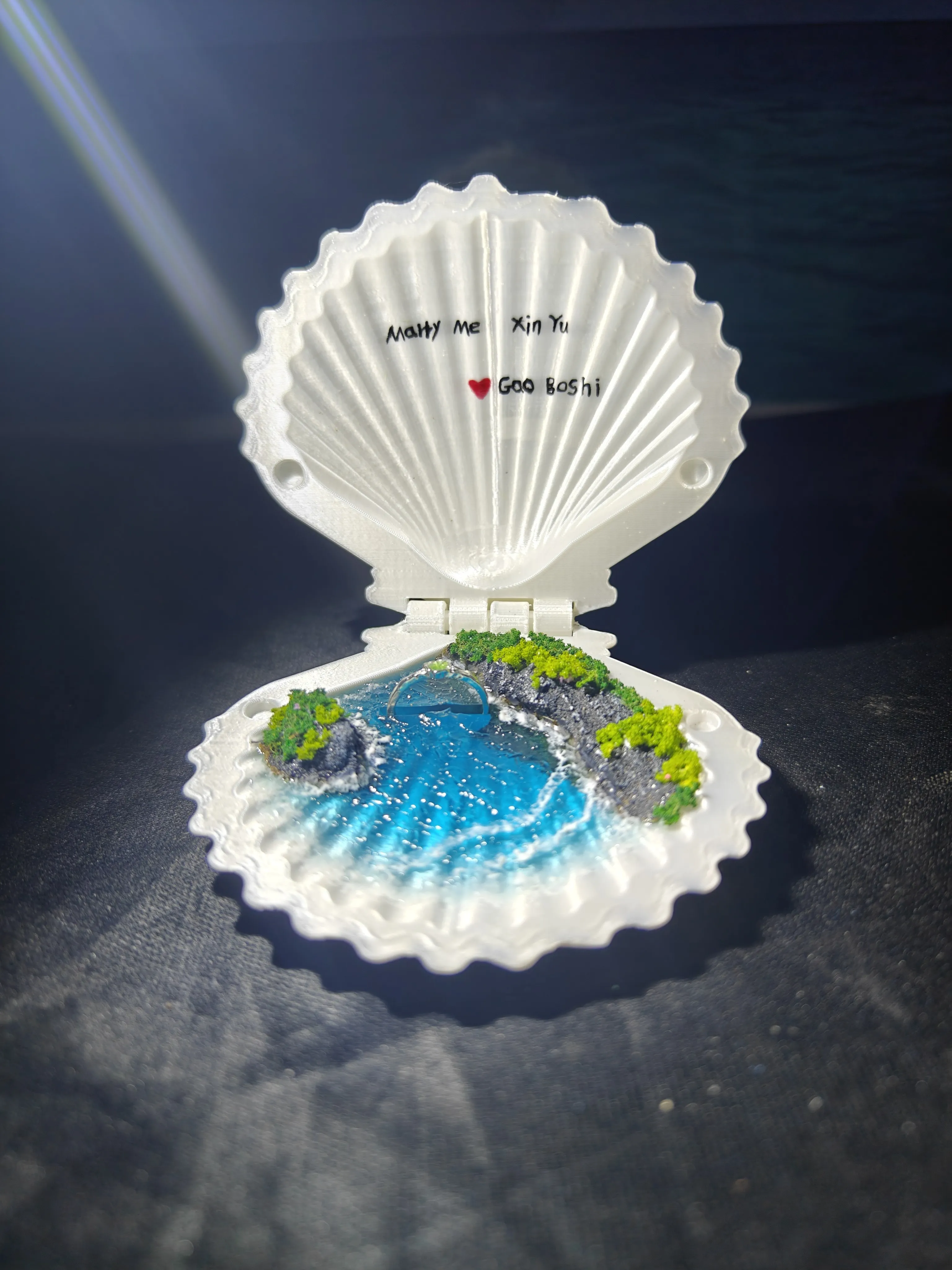 Glow in Dark Ocean Shell Ring Box Jewelry Case with Blue Light for Engagement Wedding Proposal Gift 3D Printed Creative Handmade