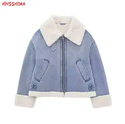 MNCCMOAA-Women's Thick Lamb Wool Denim Jacket, Female Coat, High Quality, Casual, Zipper Pocket, Warm Outwear Autumn Winter 2024