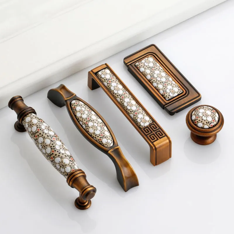 Matte Coffee Zinc Alloy Ceramic Cabinet Door Handles And Knobs Vintage Drawer Pulls Wardrobe Cupboard Furniture Hardware