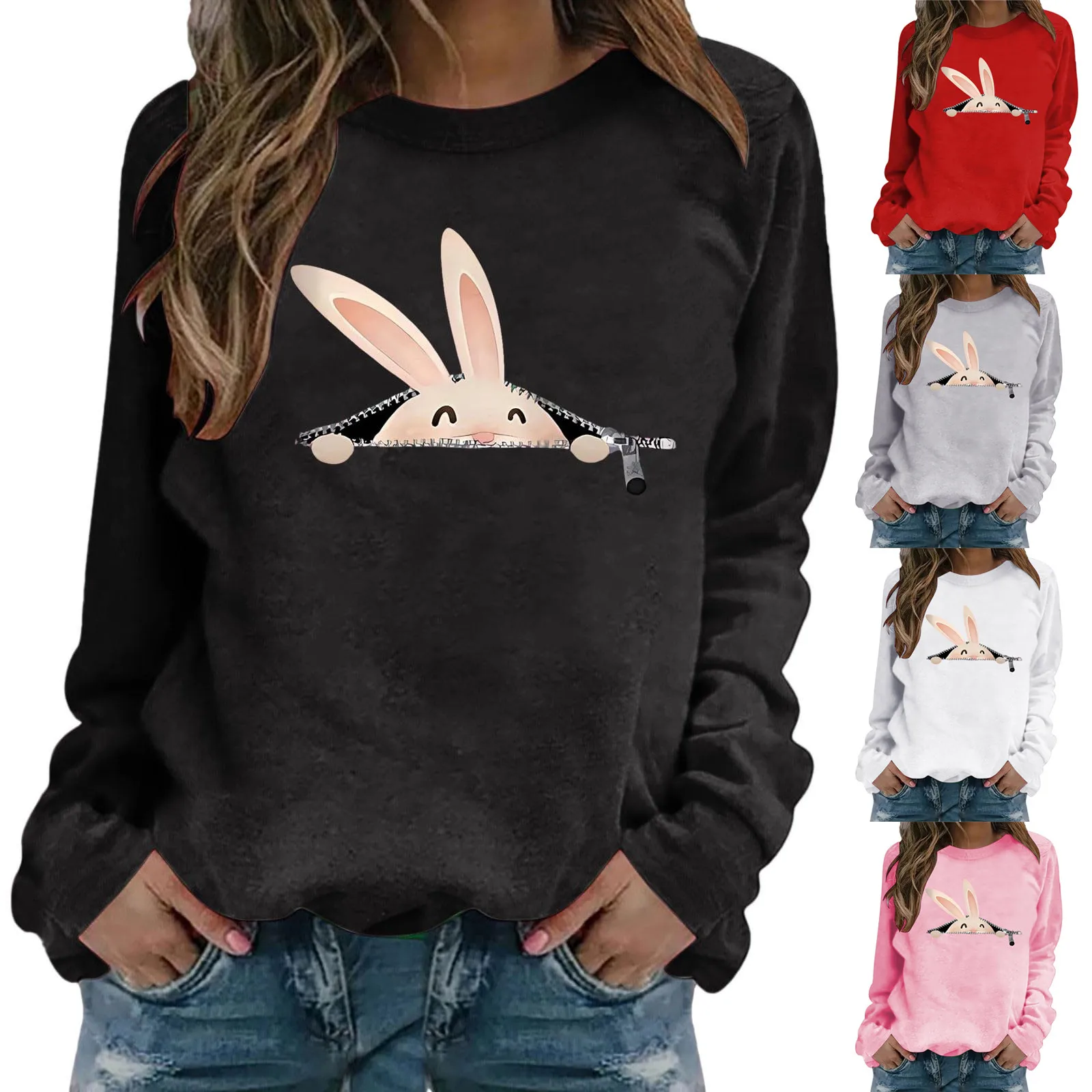 Women's Fashionable Casual Long Sleeved Pullover Rabbit Print Top New Fashionable And Simple Women’s Clothing T-shirts 2024