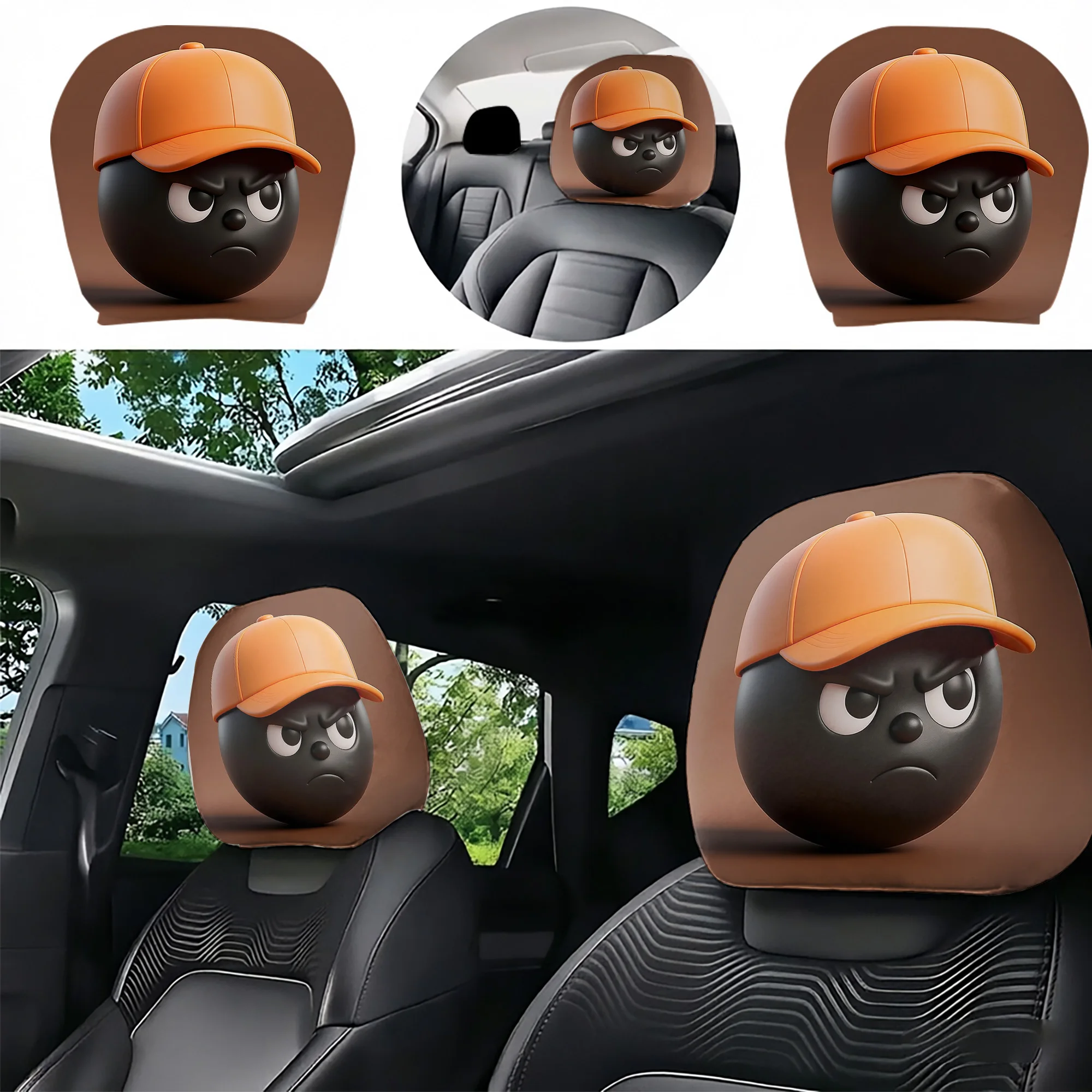 2pcs cartoon-patterned car headrest covers featuring a fun orange hat design to give your car interior more personality. Easy to