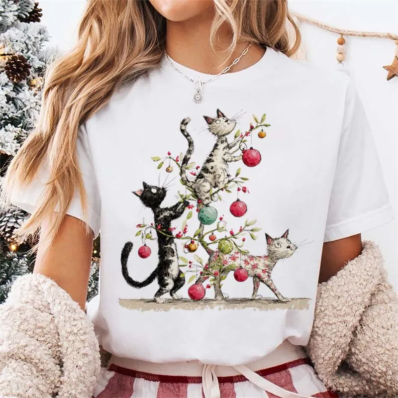 Santa Claus Reindeer Print Cute Pattern Party Holiday Basic Women's Short Sleeved Fashionable Cartoon Round Neck Gift T-Shirt