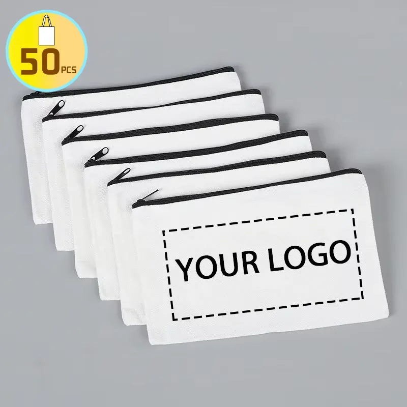 50PCS Bulk Customized Logo Image Canvas Zipper Bag Blank DIY Craft Pouches Pencil Case Pouch For Home School Travel Cosmetic Bag