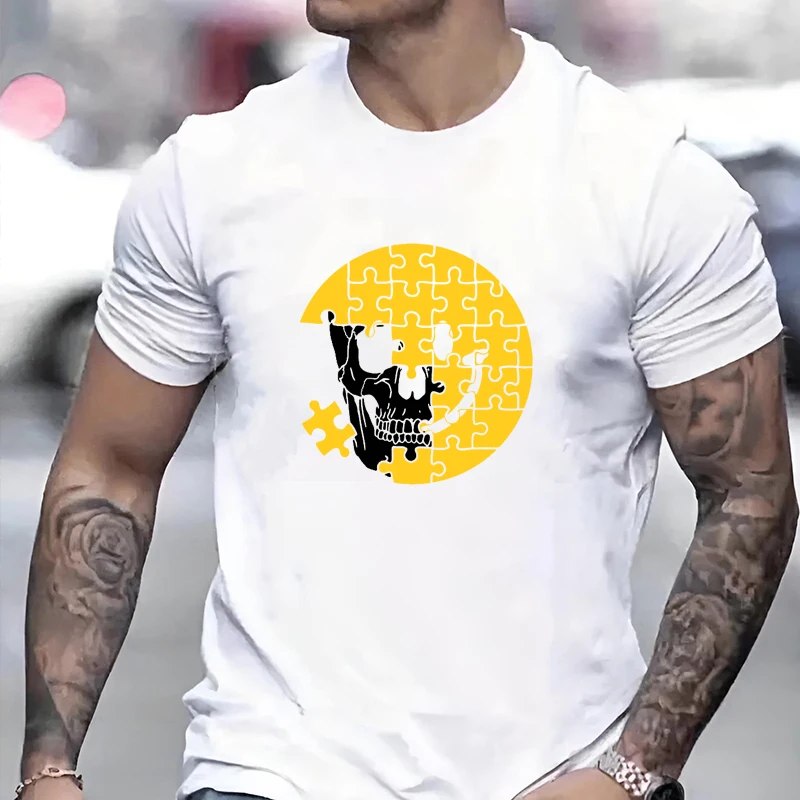 Funny Jigsaw Skull Pattern Men's and Women's T-shirt Classic Retro Designed Unisex Shirt Street Fashion Casual Couple Clothing