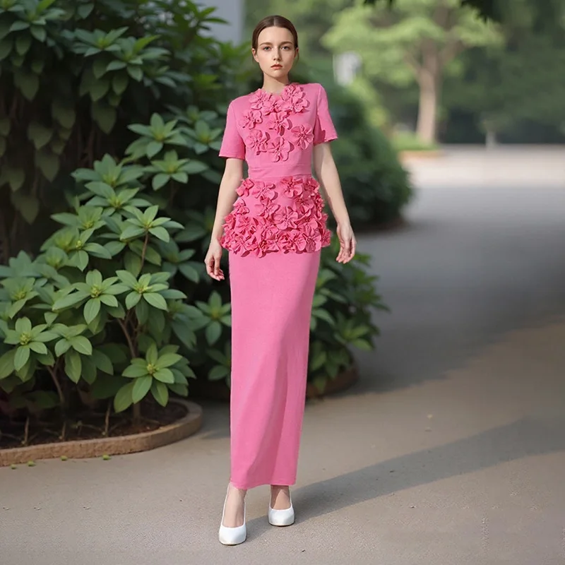 

Spring new light luxury heavy industry splicing flower short-sleeved top skirt set fashionable simple luxury temperament elegant