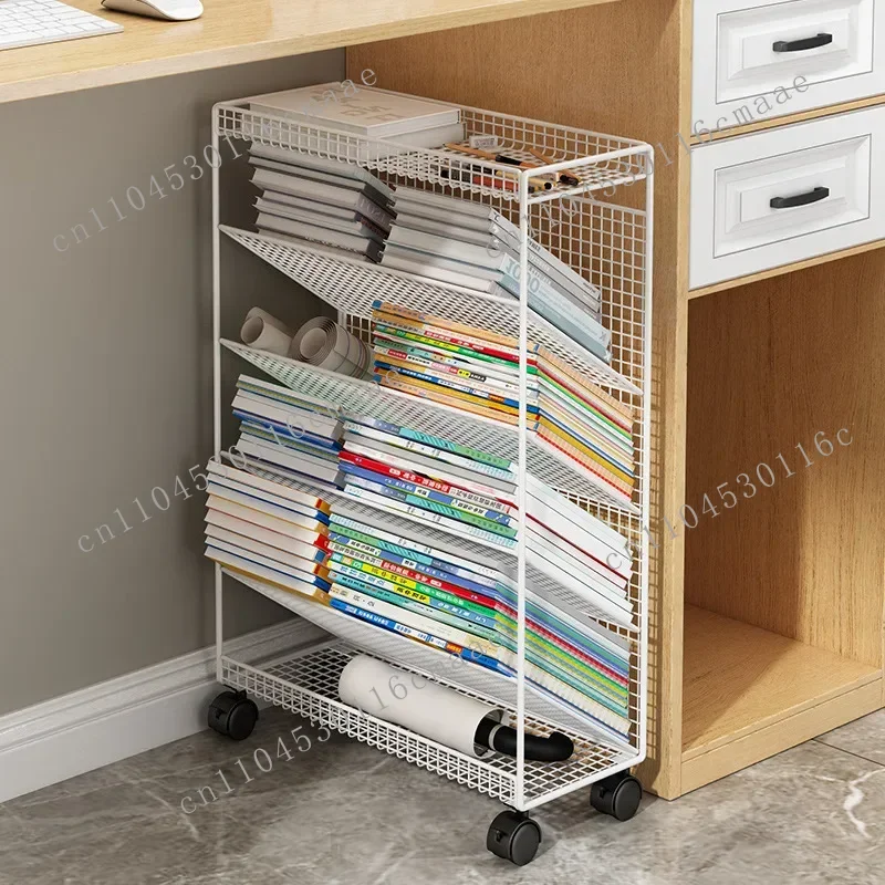 

Small Bookshelf Next To The New Desk, Floor To Ceiling Shelf, Desk Side Shelf with Movable Wheeled Books, Room Storage Bookshelf