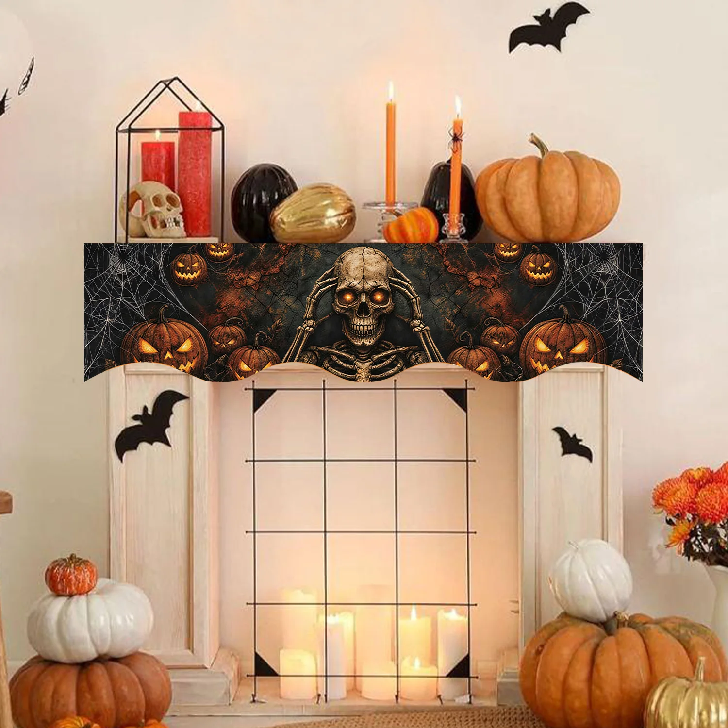 Vintage Halloween Fireplace Mantel Scarf Spooky Pumpkin Bat Print Wavy Edge Mantel Cover Runner for Halloween Holiday Party Livi
