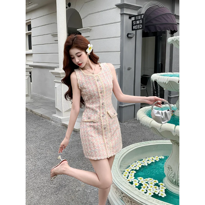 Women French Small Fragrant Pink Vest Dress Plaid Sling Waist Fashion Sweet Korea Chic Summer Lady Tweed Sleeveless Dresses