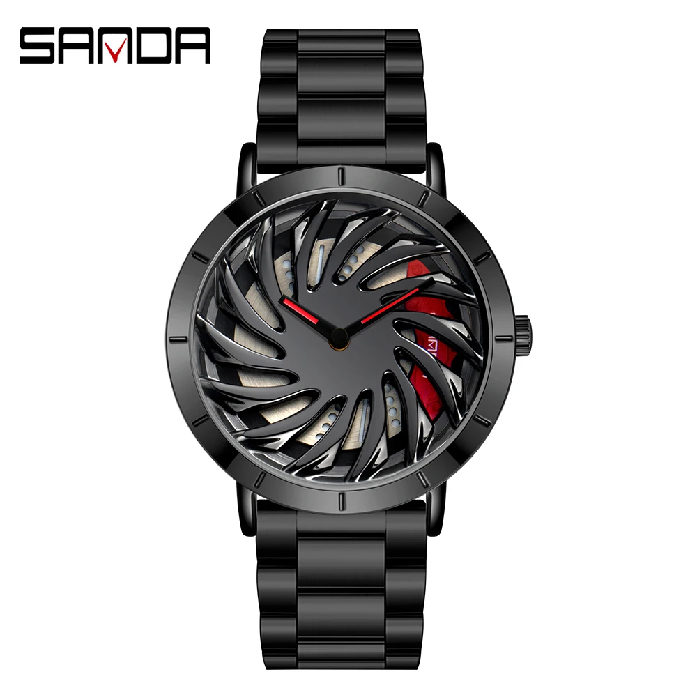 Fashion Sanda Top Brand Hot Sell Stainless Men Watch Waterproof Sport Racing Car Rim Wheel Rotating Dial Clock Relogio Masculino