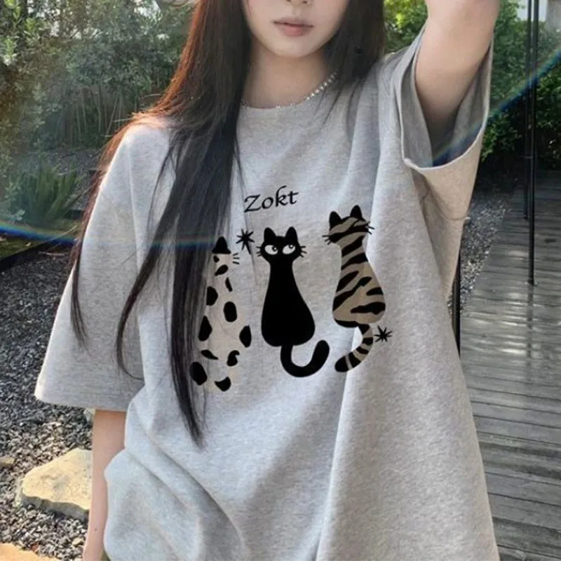 

Gray Short-sleeved T-shirt Women Summer Design Loose Niche American Fashion Brand Half-sleeved Top