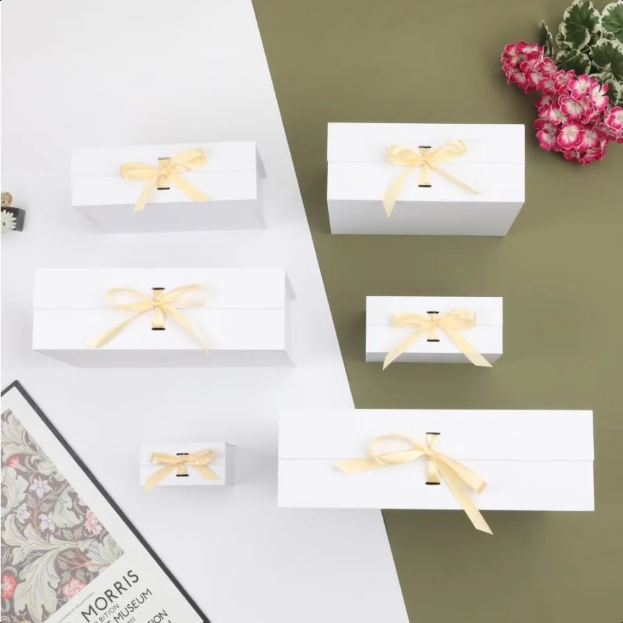 리본이 달린 흰색 대형 선물 상자 1팩 13X11X5.3 인치 대형 상자 뚜껑 포함 자석 잠금 접이식 고급 포장 상자