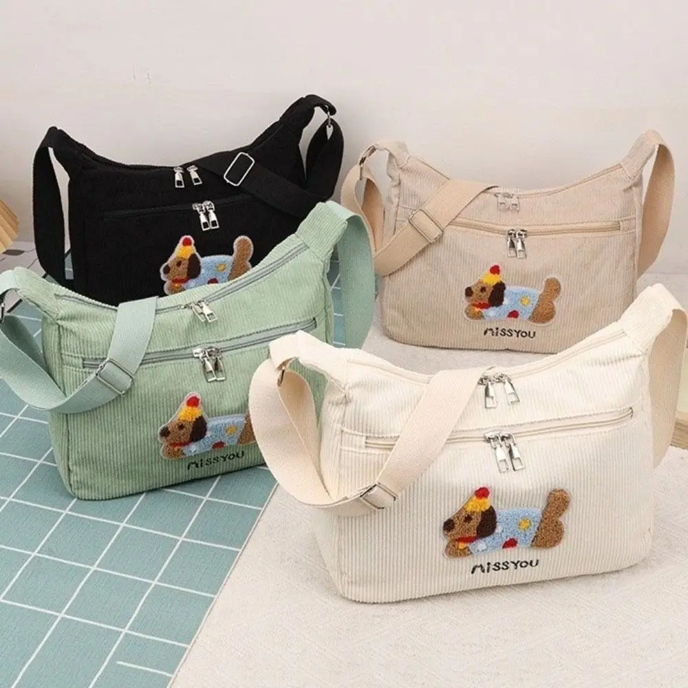 Cartoon Dachshund Shoulder Bag Solid Color Embroidery Corduroy Crossbody Bag Zipper Closure Large Capacity Women Handbag School