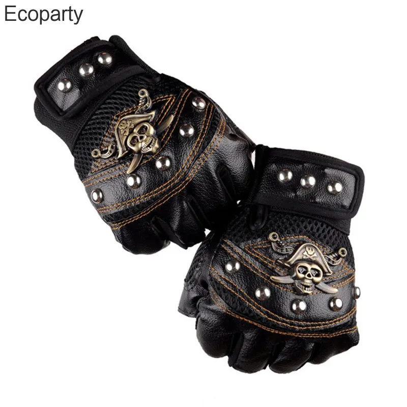 Men Skulls Rivet PU Leather Fingerless Gloves Women Fashion Hip Hop Women's Gym Punk Gloves Half Finger Men's Gloves Props 20