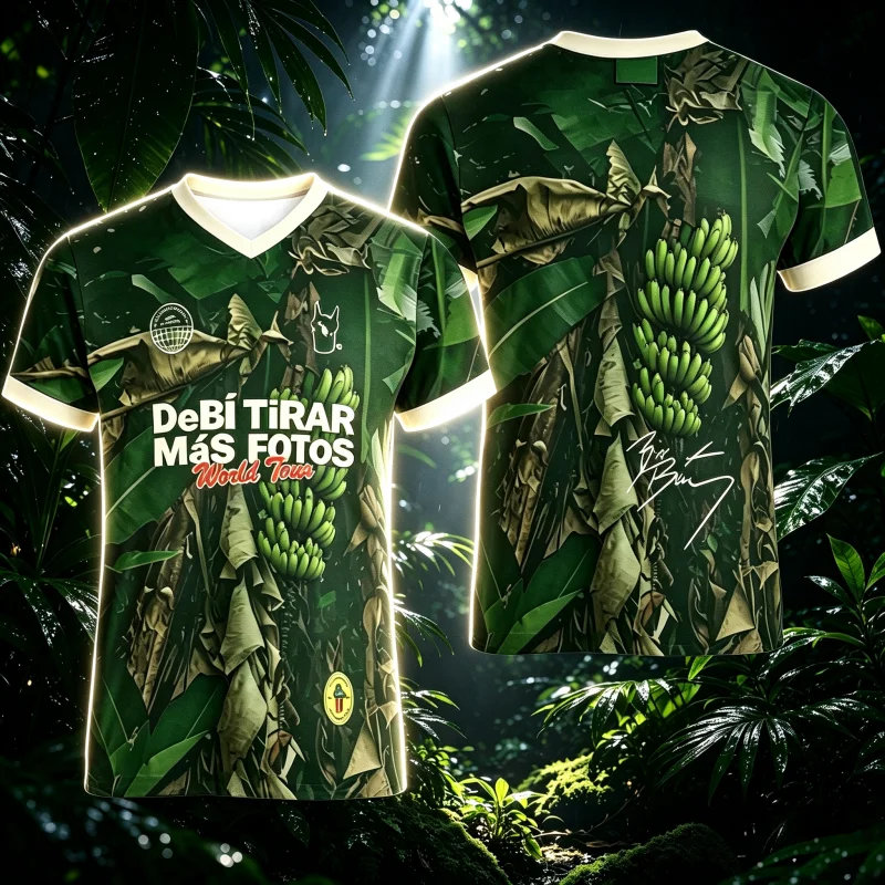 Bad Bunny World Tour Football Jersey Green Banana Leaf Jungle Print V‑Neck Short Sleeve T-shirt Fans Sportswear Family Kids Tees