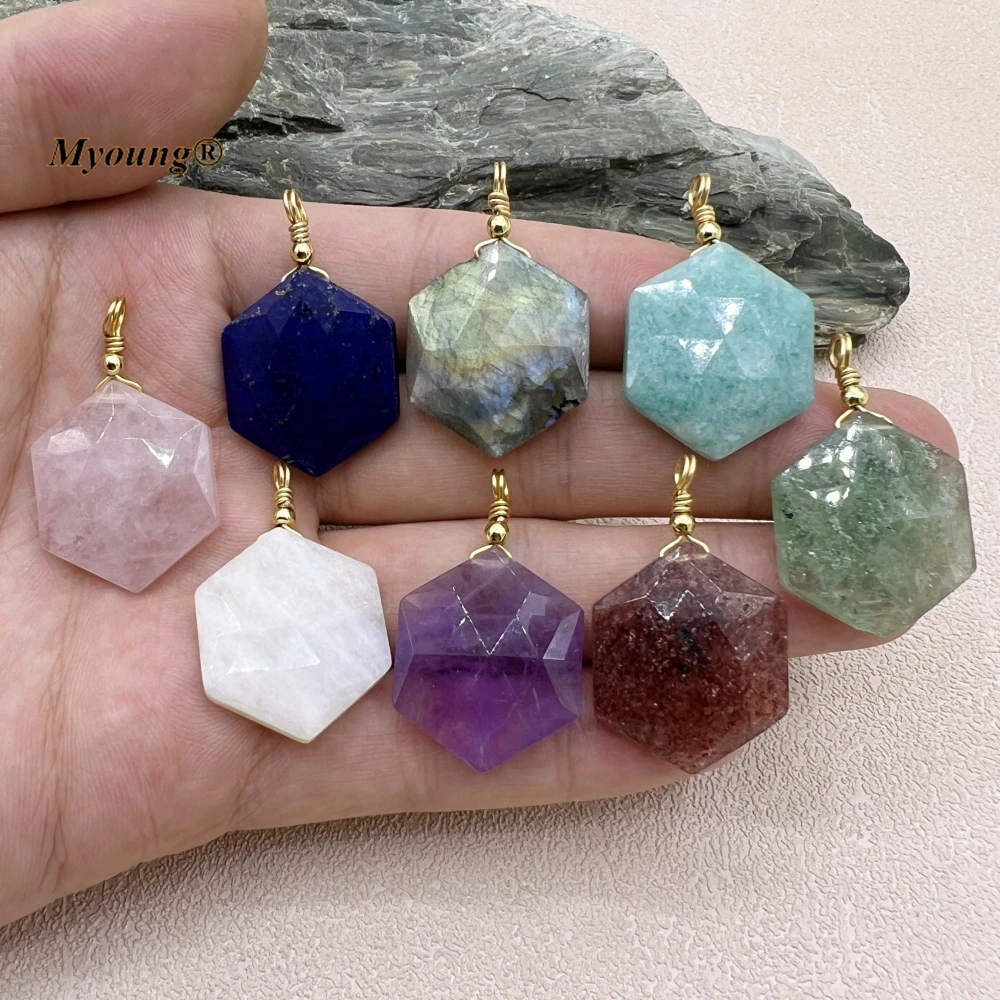 10PCS Exquisite Faceted Slice Hexagonal Natural Lapis Stone Labradorite Amazonites Amethysts Crystal Quartz Necklace Pendants