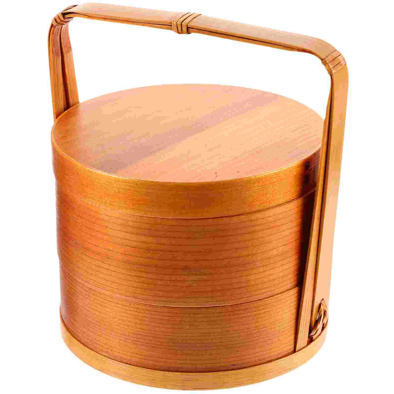 Wooden Double Layer Round Lunch Sushi Box Japanese Style Portable Picnic Lunchbox For Picnic Tableware