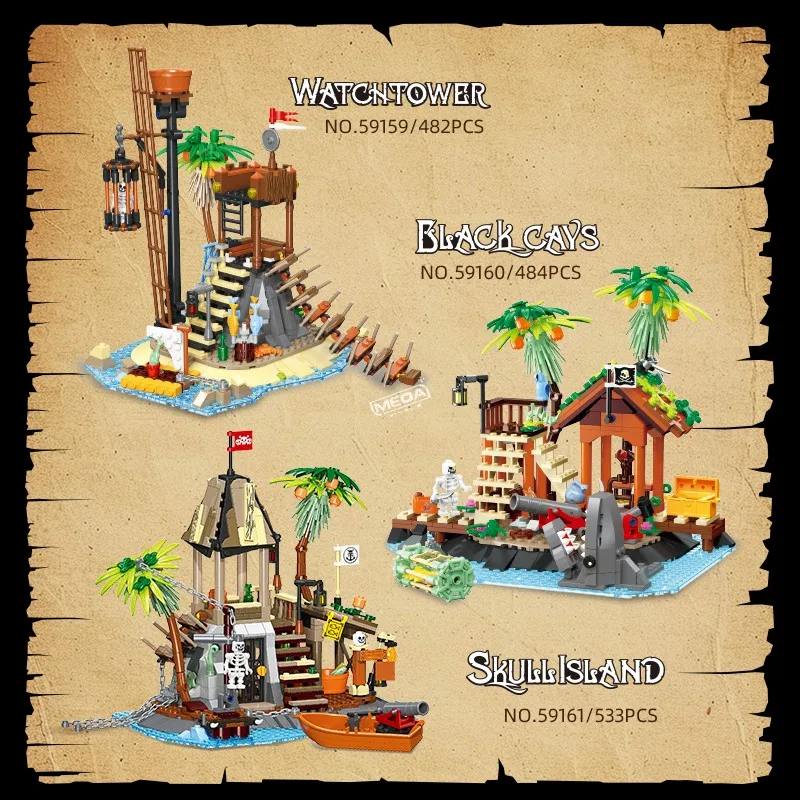 Juego de Brock de construcción de torre de vigilancia pirata, 3 estilos, casa de pirata Medieval artesanal, Kit de ladrillos de Isla de Calavera, juguete, regalo de cumpleaños para niños