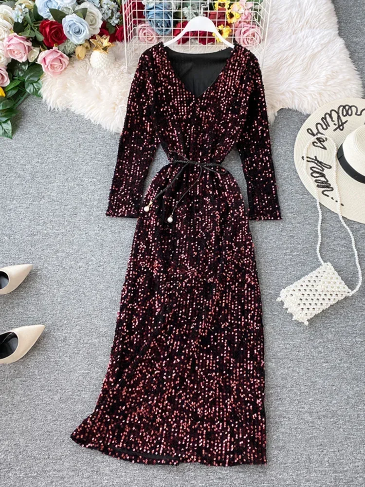 Women\'s Long-sleeved Party Dress New Sequin Temperament Banquet Host Elegant V-neck Waist Lacing Sexy Dress ML454