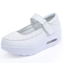 Mocassins en cuir véritable à plateforme blanche pour femmes, chaussures d'infirmière en cuir de vachette souple, chaussures de sport épaisses, bouche peu profonde, Parker rond respirant