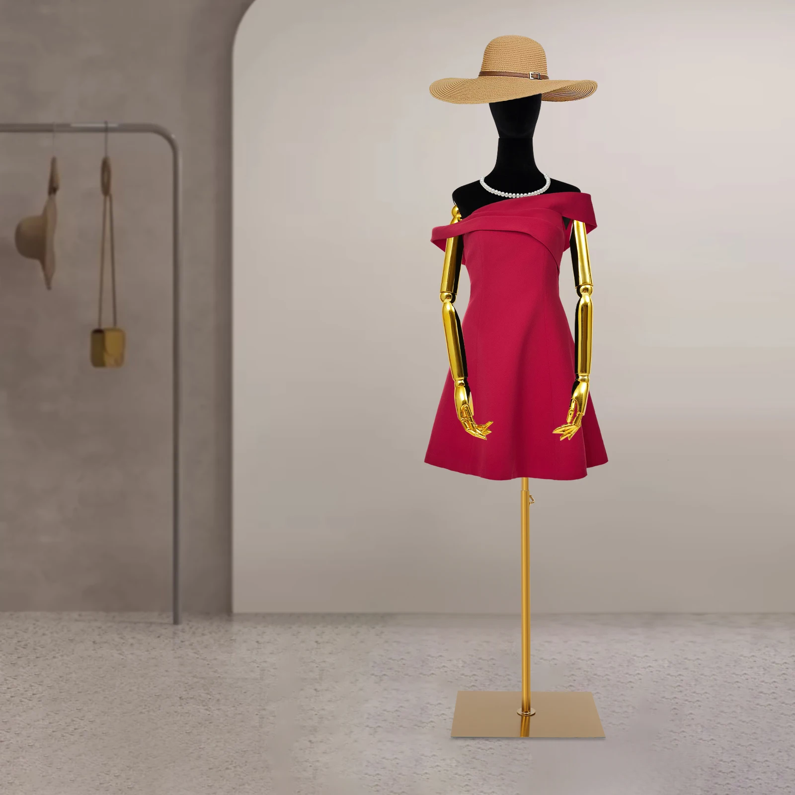 

Black and Gold Velvet 150-200cm Female Model Display Stand Adjustable Velvet Bust Model Stand