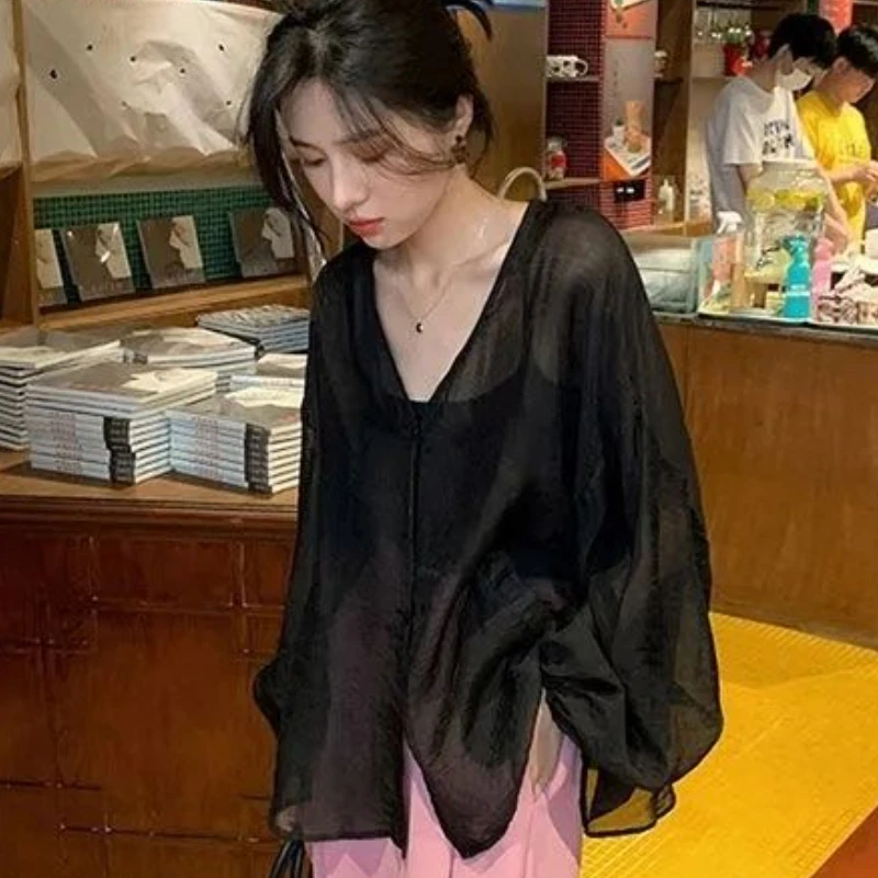 Shirts Women Temperament Sheer Hotsweet Casual Sun-proof V-neck Popular Summer Thin Simple Korean Style Female Loose Breathable