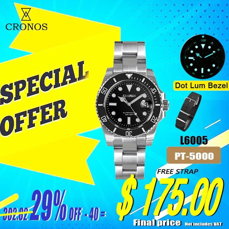 

Cronos Sub Diver Men Watch Stainless Steel PT5000 Bracelet Ceramic Bezel 200 meters Water Resistant Glideclasp L6005 V3 Watches