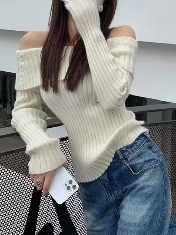 2022 Sexy Women Full Sleeve Slim Stretch Knitwear Jumper Autumn Winter Solid Color Rib Knitted Off the Shoulder Pullover Sweater