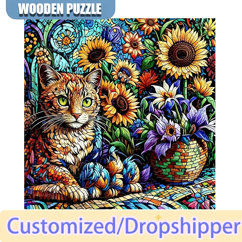 Sunflower Cat Wooden Jigsaw Puzzle Wooden Jigsaw Puzzle Family Party Game Wall Decoration Wooden Jigsaw Puzzle