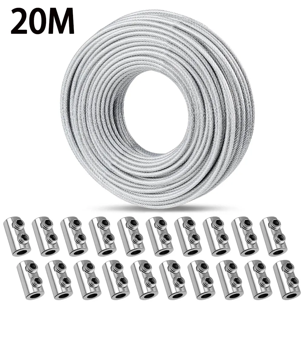 10/20 m 2 mm Edelstahl-Drahtseil-Set mit PVC-Beschichtung und Kabelklemme für Wäscheleine, Gartengeländer, Außenzaun usw – Detail 3